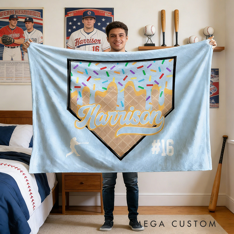 Personalized Baseball Ice Cream Dripping Soft Fleece Throw Blanket with Name and Number Home Decor Game Day Birthday Gift for Baseball Lovers