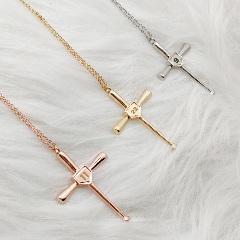 Personalized Cross Baseball Bat Number Necklace Gift for Baseball Lovers