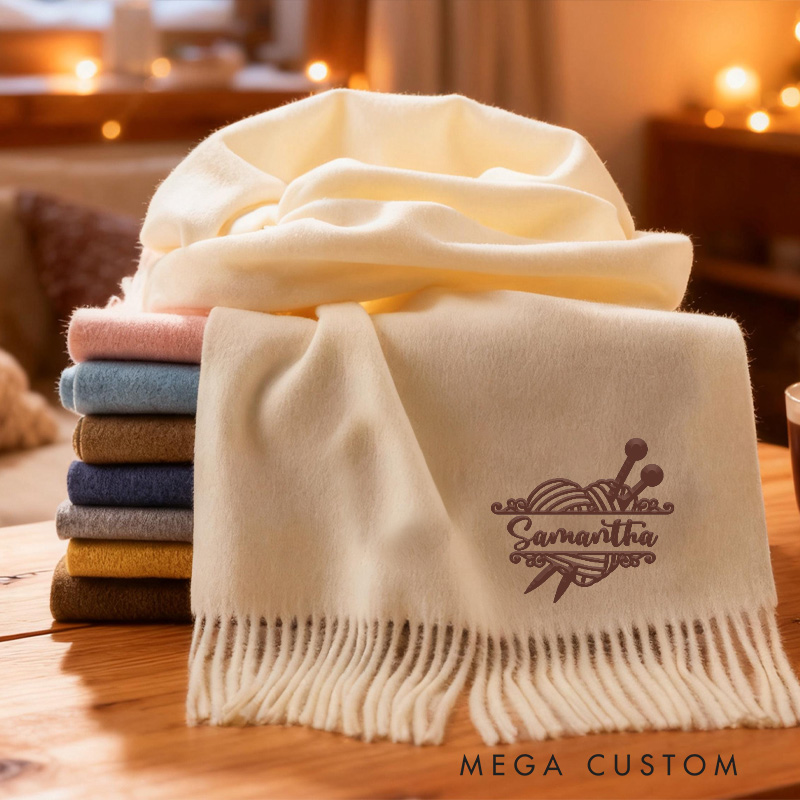 Personalized Super Soft Warm Scarf with Embroidered Knitting Yarn and Custom Name Gift For Knitting Lovers