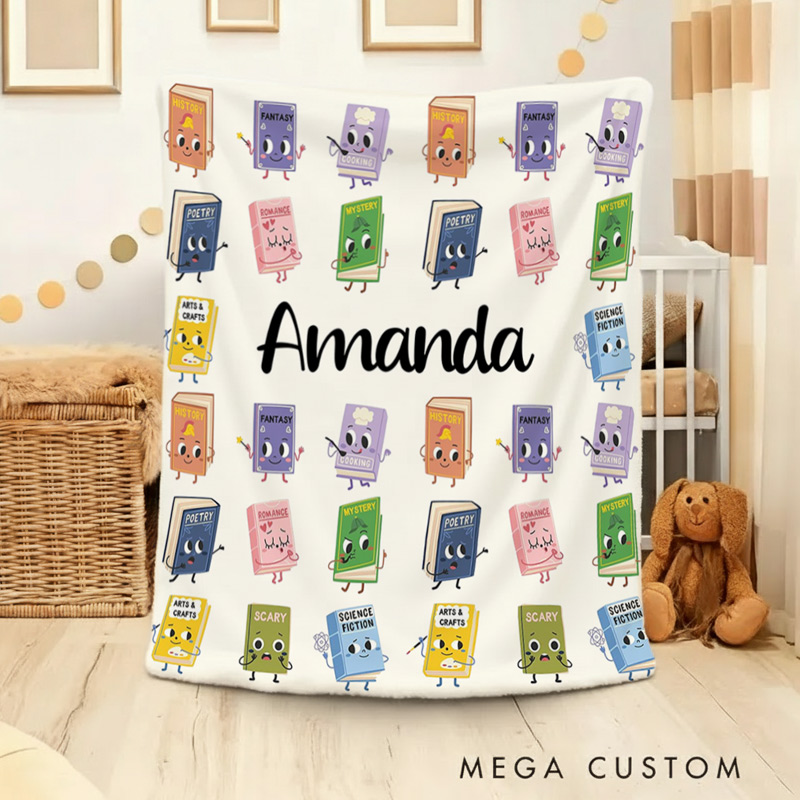 Personalized Book Genres Soft Throw Blanket for Kids Boys Girls Reading Lover Blanket with Name Book Lovers Gift