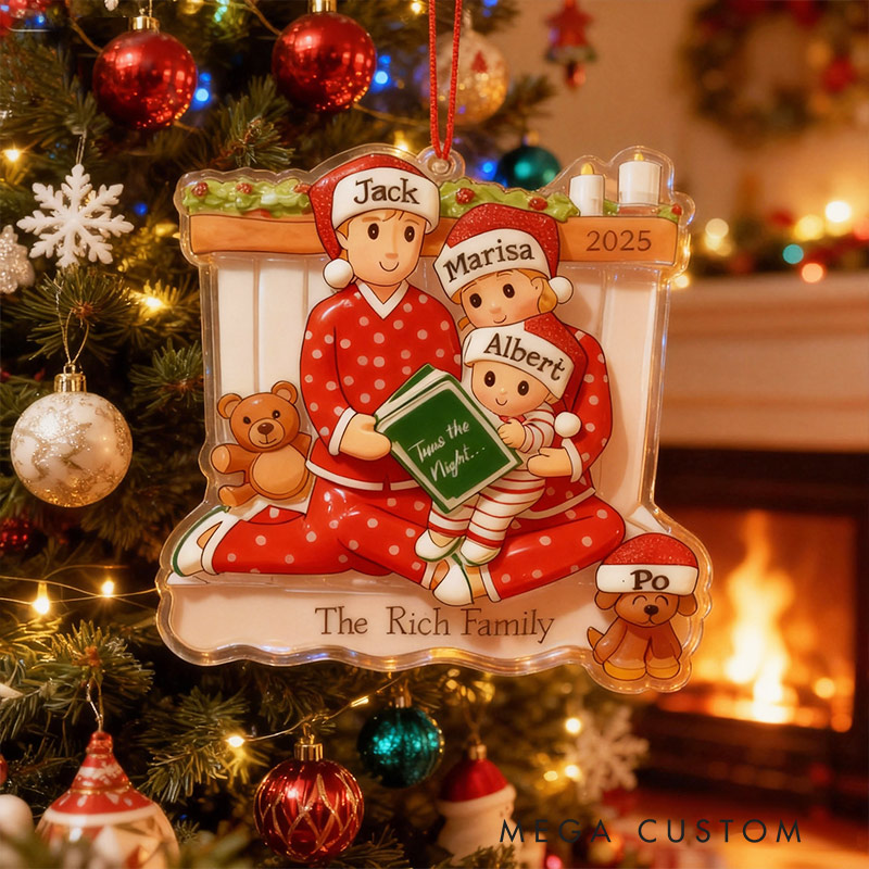 Personalized Christmas Reading Ornament Reading Pajama Family of Three Custom Name Gift for Family