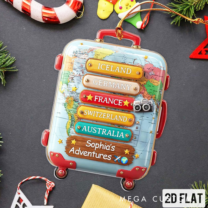 Personalized Travel 2D Flat Ornament with Countries Luggage Suitcase Christmas Tree Decor Adventure Holiday Gift for Travel Lovers