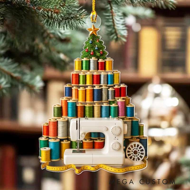 Personalized Sewing Ornament with Name Year Thread Spools Christmas Tree Acrylic Decor Gift for Seamstress Quilter or Sewing Lover