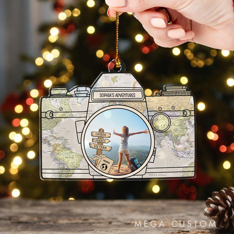 Personalized Travel Photo Camera Ornament Custom Name and Photo Gift for Travel Lovers