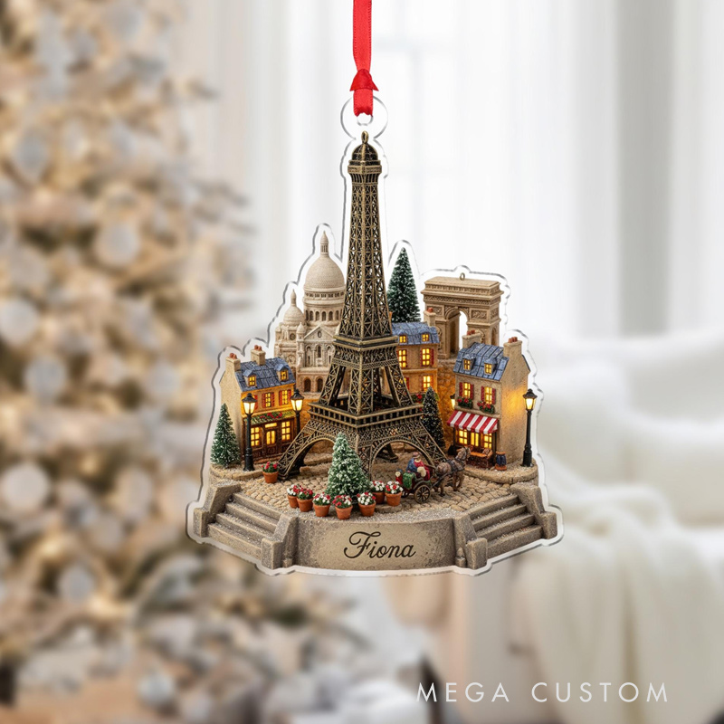 Personalised Paris Landmark Ornament Eiffel Tower Scene with Mini-Village Custom Name Gift for Travel Lovers
