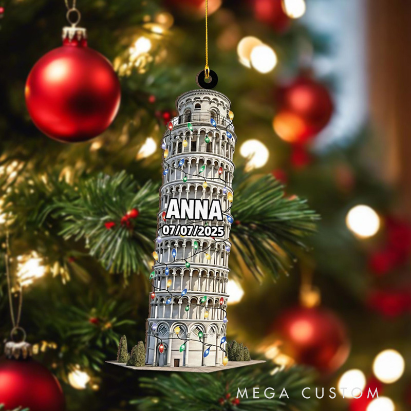Personalised Pisa Tower Christmas Ornament Engraved Italy Trip Keepsake Custom Name Gift for Travel Lovers