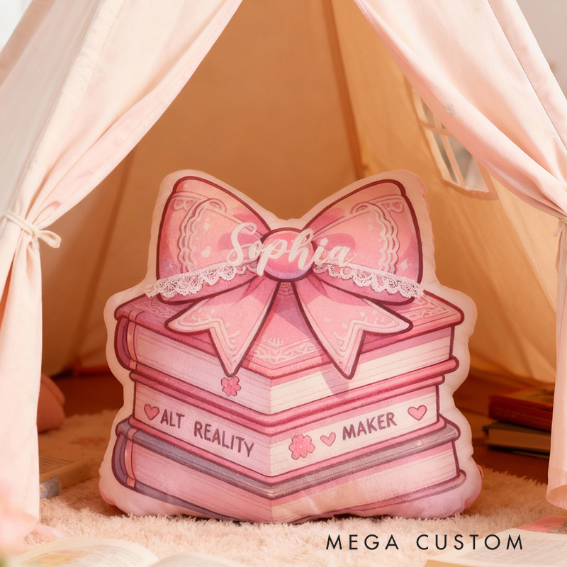 Personalized Books Pillow Graphic 3D Print Pink Bow Book and Custom Name Gift for Reading Lovers