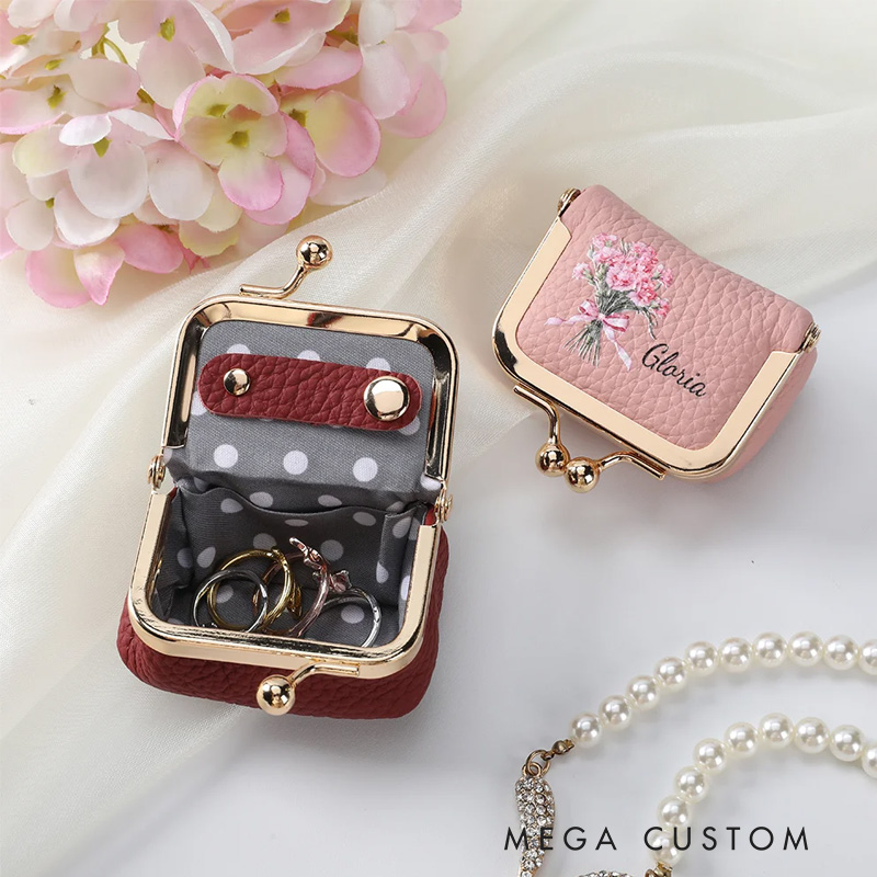 Personalized Birth Flower Bouquet Vintage Mini PU Leather Jewelry Box with Name and Kiss Lock Travel Essential Birthday Bridesmaid Gift for Women