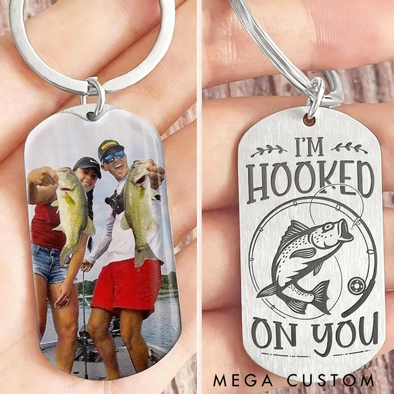 Personalized Fishing Keychain with I'm Hooked on You Design Custom Photo Romantic Gift for Couples Fishermen and Special Occasions