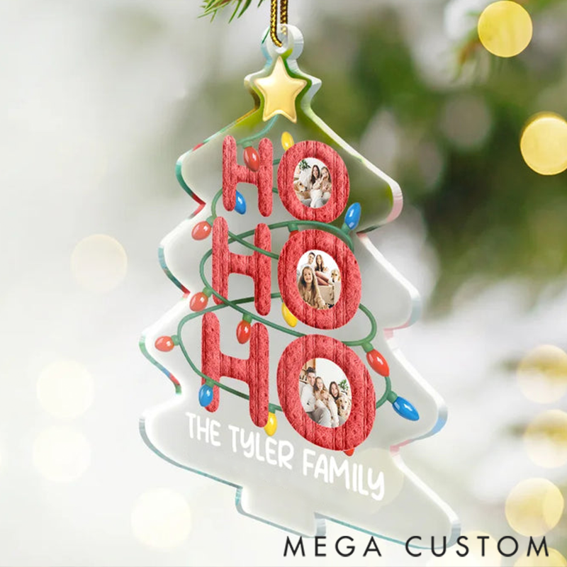 Personalized Photo Ho Ho Ho Family Christmas Tree Acrylic Ornament