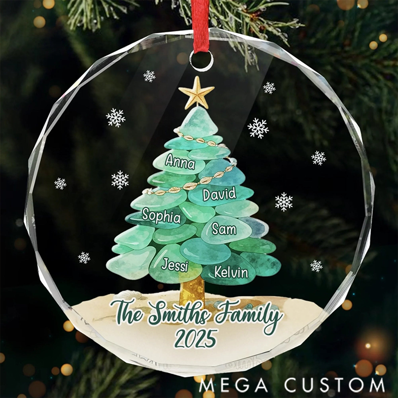 Personalized Peace by the Waves Sea Glass Circle Glass Ornament Christmas Birthday Gifts for Mom Dad