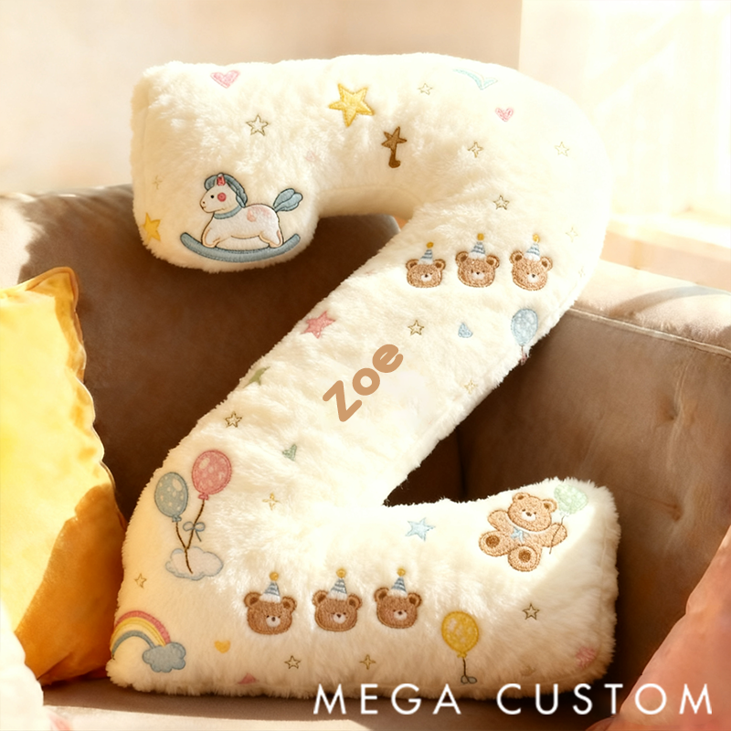 Personalized Birthday Bear Alphabet Shaped Pillow with 3D Printed Design