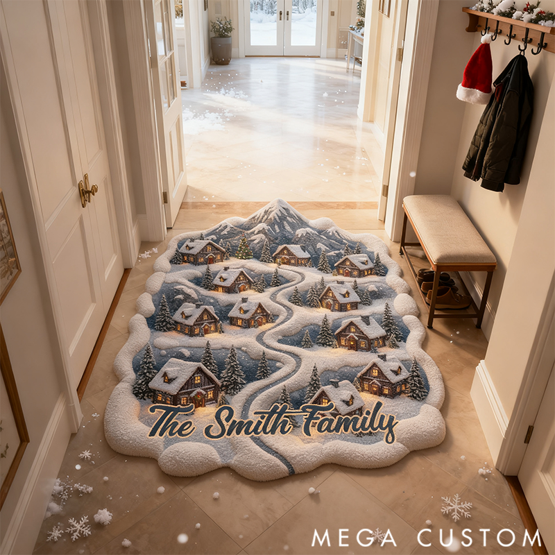 Personalized Snowy Mountain Village Doormat Gift for Family