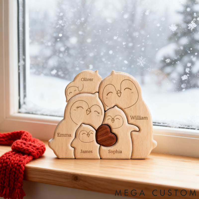 Personalized little Penguin Family Wooden Puzzle Ornament Holiday Gift Heartwarming Family Ornament