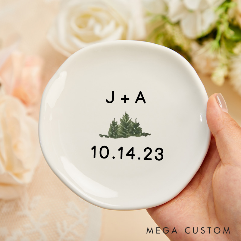 Personalized Minimalist Evergreen with Initials and Date Wedding Engagement Irregular Round Ring Dish