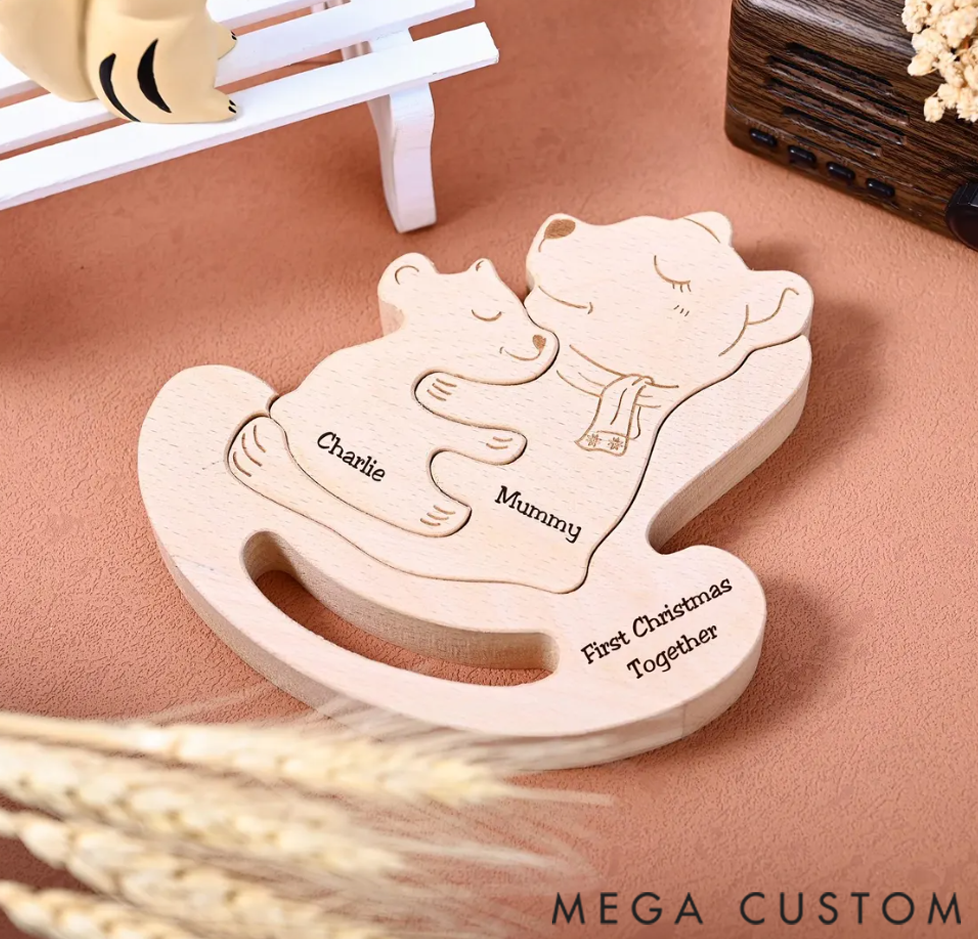 Personalized Wooden Bear Family Puzzle Engraved Mom and Baby Figurines First Christmas Gift for New Parents