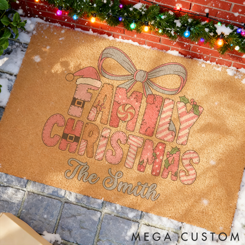Personalized Family Christmas Doormat Cute Winter Home Welcome Mat Matching Gift