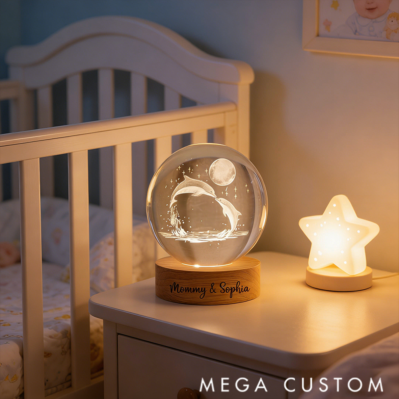 Personalized Dolphin Crystal Ball Night Light LED Wooden Base Table Lamp