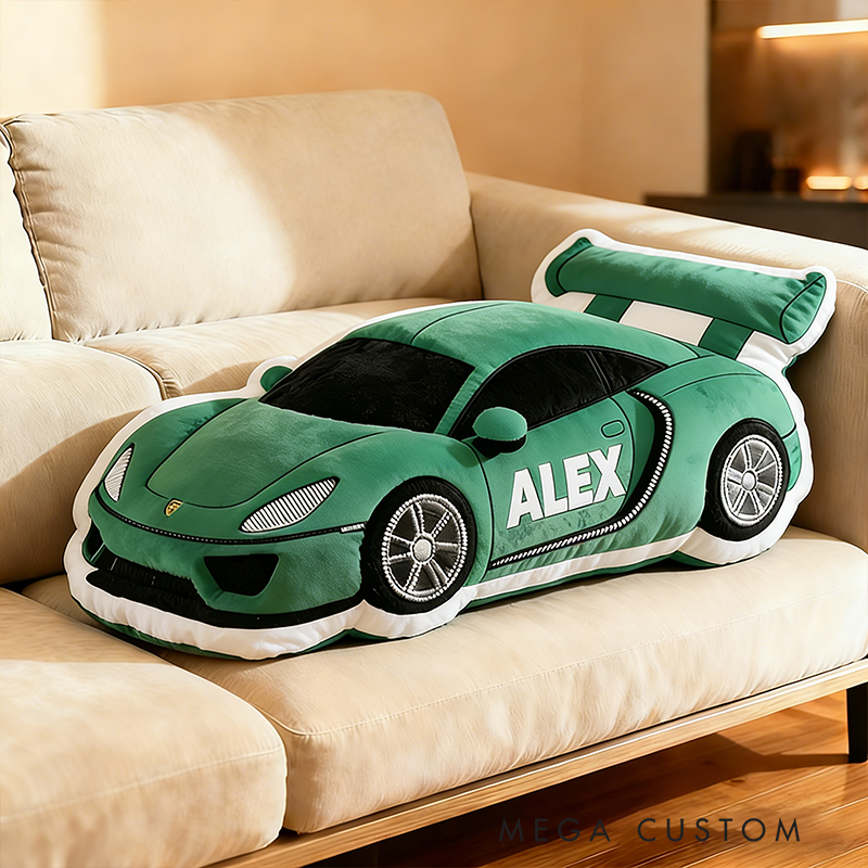 Personalized Race Car Shaped Pillow Custom Name Plush Cushion Choose Car Color 3D Graphic Print Gift for Racing Fans