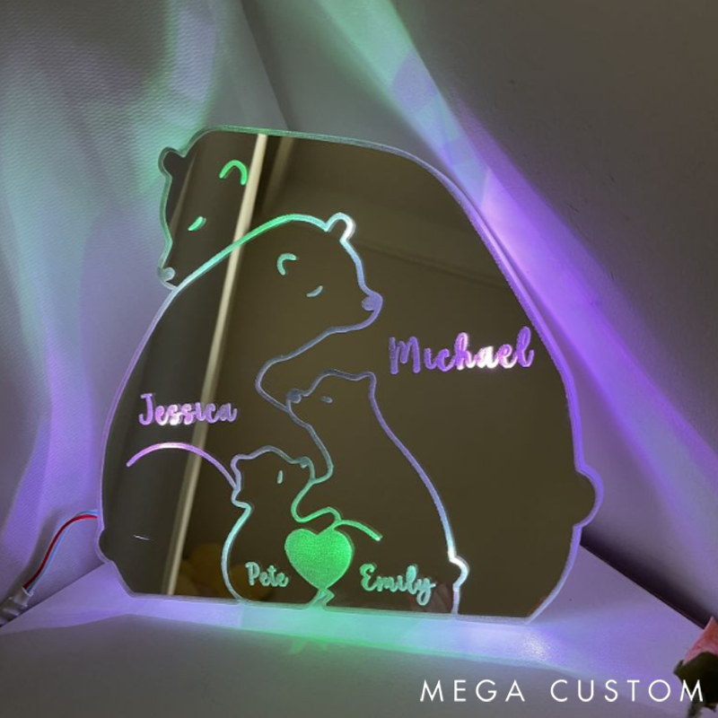 Personalized Heart Name Bear Family LED Mirror Light
