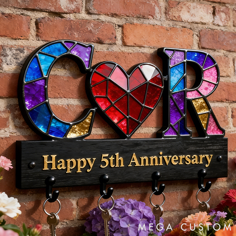 Personalized Key Holder with Initials Heart Couple Anniversary