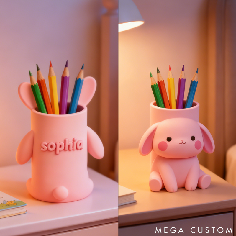 Personalized Pink Bunny Pencil Holder Cute Desktop Decor 3D Printed