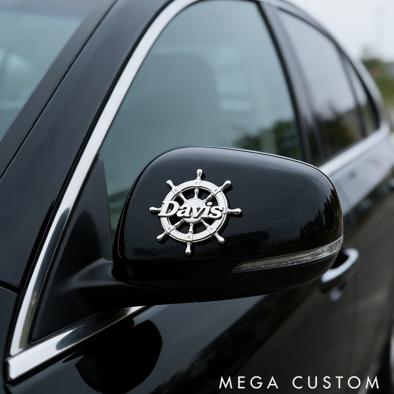 Personalized Metal Car Badge with Ship's Wheel Design