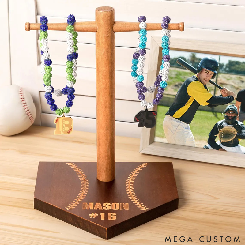 Personalized Baseball Ring Display Stand Wooden Necklace Holder with Engravable Name and Number the Perfect Gift for Sports Lovers