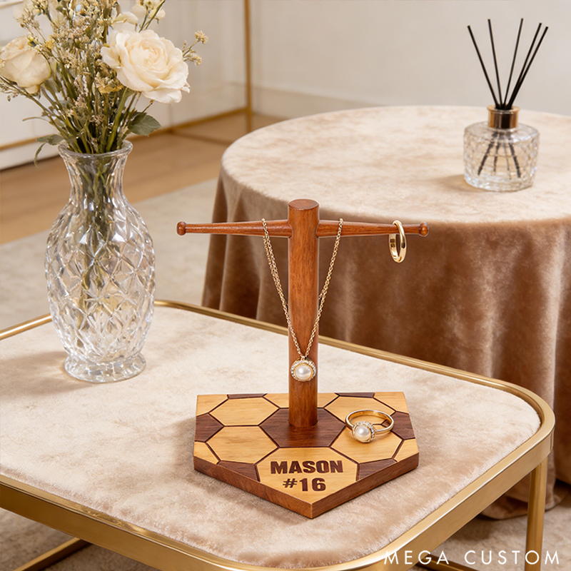 Personalized Soccer Ring Display Stand Wooden Necklace Holder with Engravable Name and Number the Perfect Gift for Sports Lovers
