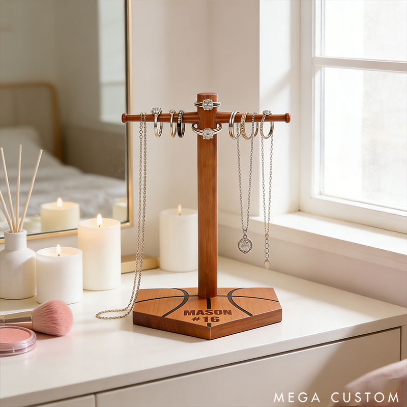 Personalized Basketball Ring Display Stand Wooden Necklace Holder with Engravable Name and Number the Perfect Gift for Sports Lovers