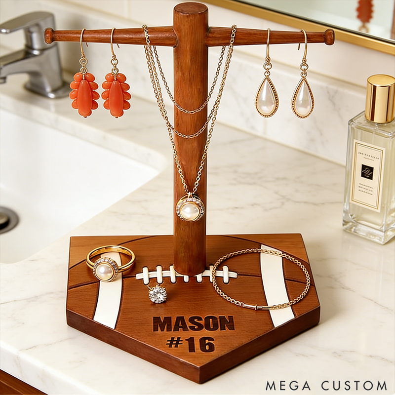 Personalized American Football Ring Display Stand Wooden Necklace Holder with Engravable Name and Number the Perfect Gift for Sports Lovers
