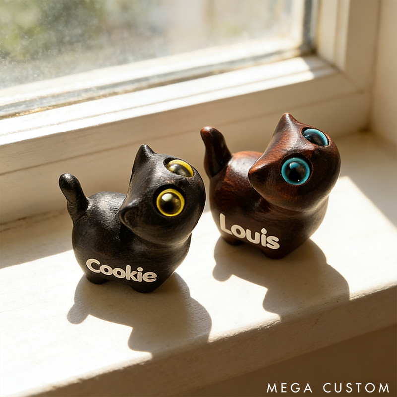 Personalized Mini Cute Cat Wood Carving Figurine Desk Coffee Table Home Decor