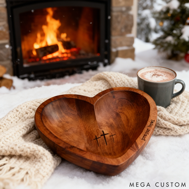 Personalized Wooden Heart-Shaped Prayer Bowl Cross Religious Gift Christian Gift Prayer Bowl