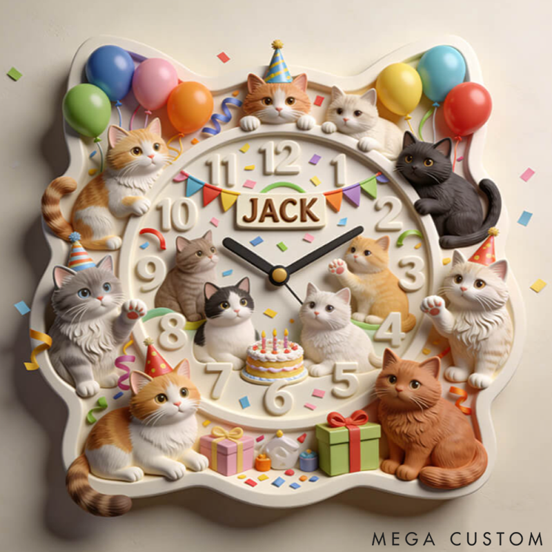 Personalized Pet Cat Party Theme Clock 2D Printed Design
