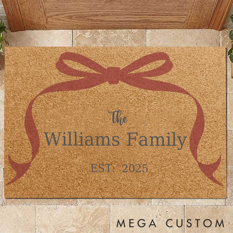 Personalized Family Name Doormat with Red Bow Christmas Gift