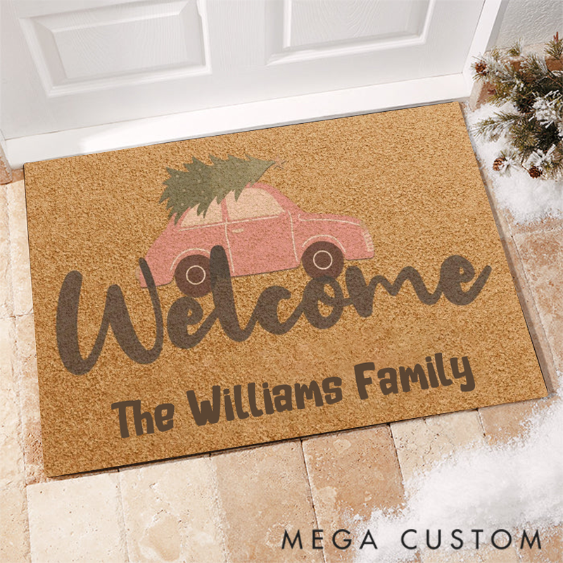 Personalized Vintage Car Holiday Doormat Welcome Guests with Your Family Name this Christmas