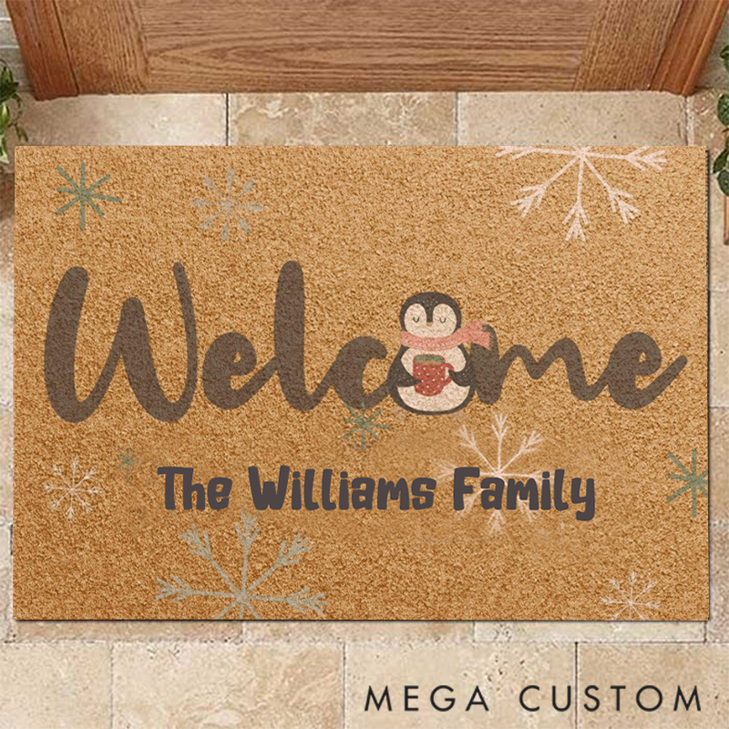 Personalized Cute Penguin Custom Family Name Doormat Christmas Gift