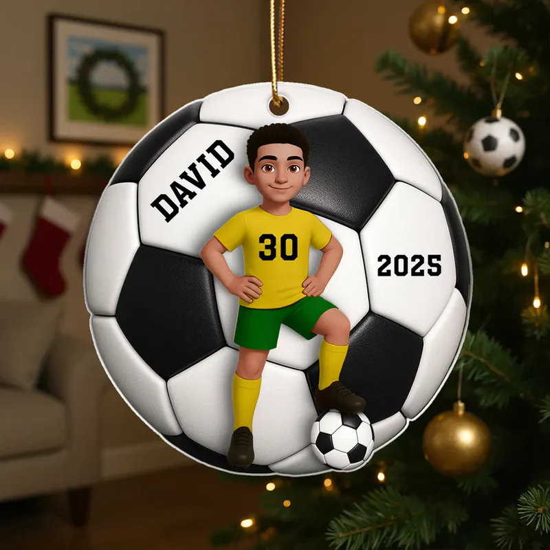 Personalized Soccer Christmas Ornament with Custom Name, Number, and Year Design
