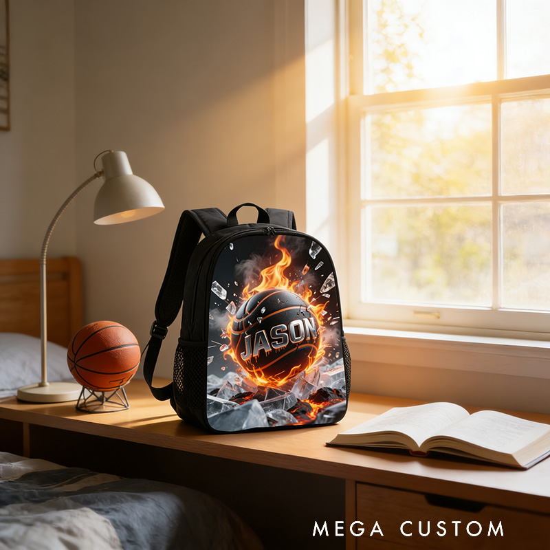 Personalized Basketball Backpack with Fiery Design and Custom Name for Kids and Basketball Lovers Black to School Gift