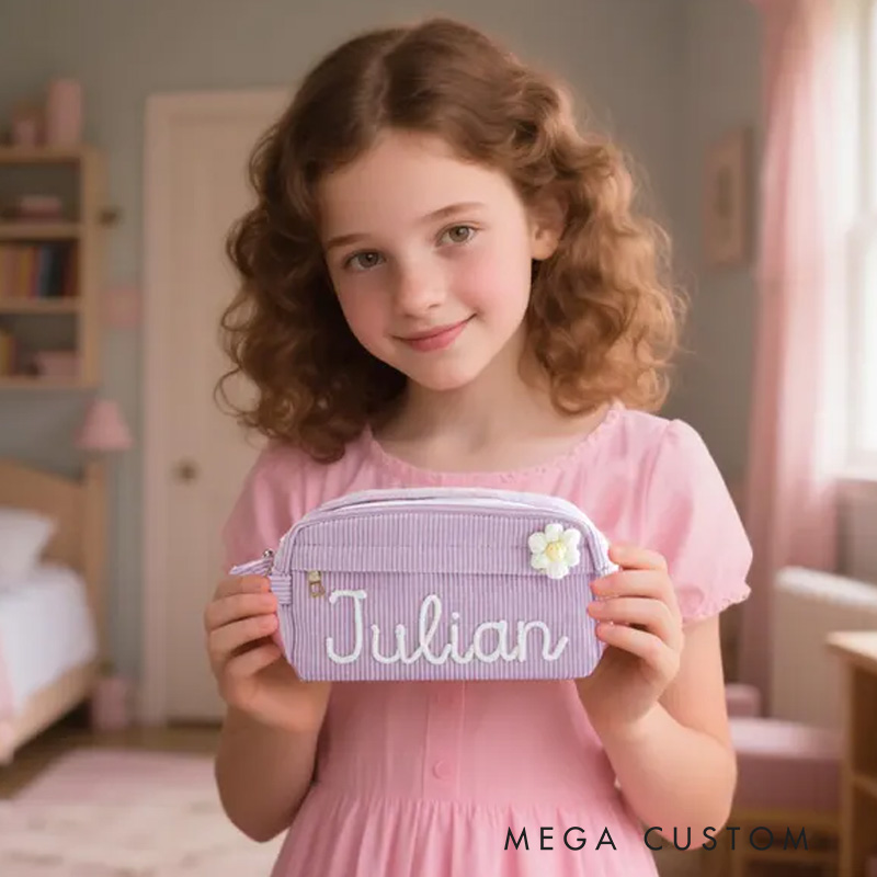 Personalized Yarn Name Pencil Case Crochet Flower Detail Back to School Gift