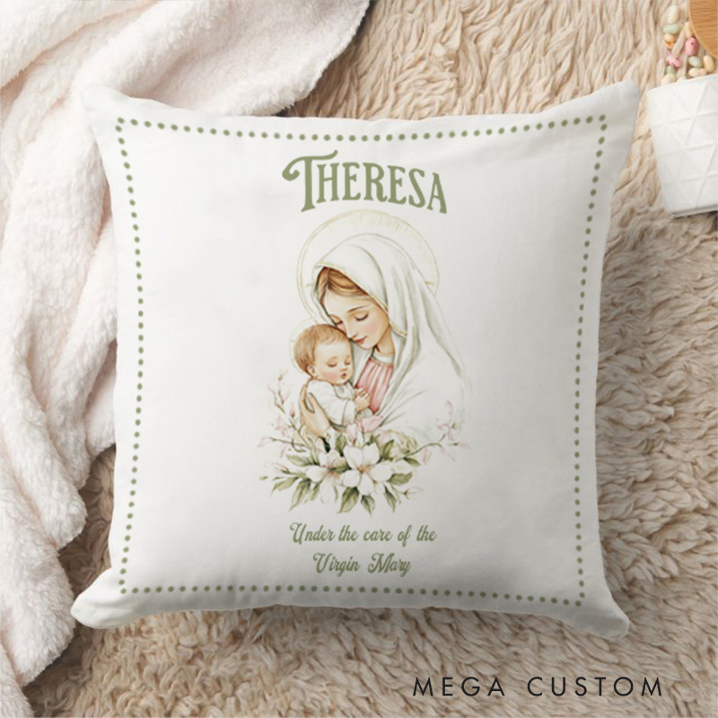 Personalized Virgin Mary Jesus with Floral Throw Pillow with Name Religious Gift Home Decor Catholic Gift for Women Girls