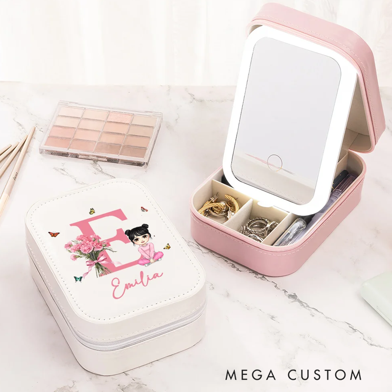 Personalized Cartoon Character Leather Jewelry Box with Birth Flower and LED Light Makeup Mirror Travel Essential Birthday Gift