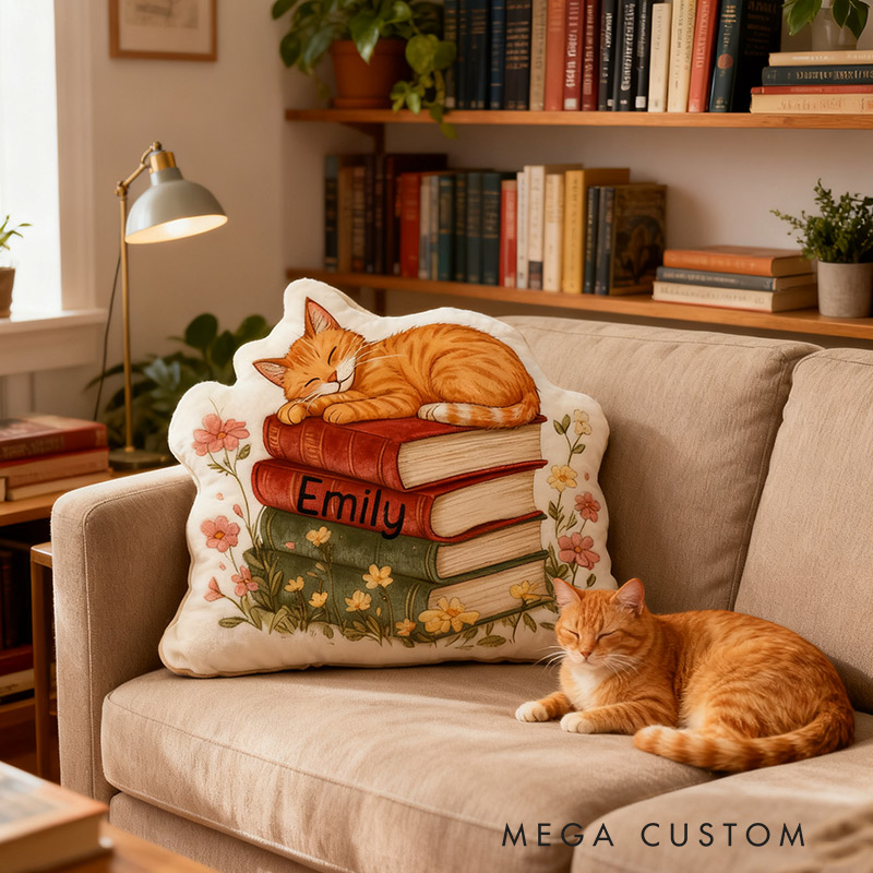 Personalized Cat Books Pillow Graphic 3D Print Floral Cat Books and Custom Name Gift for Reading Lovers