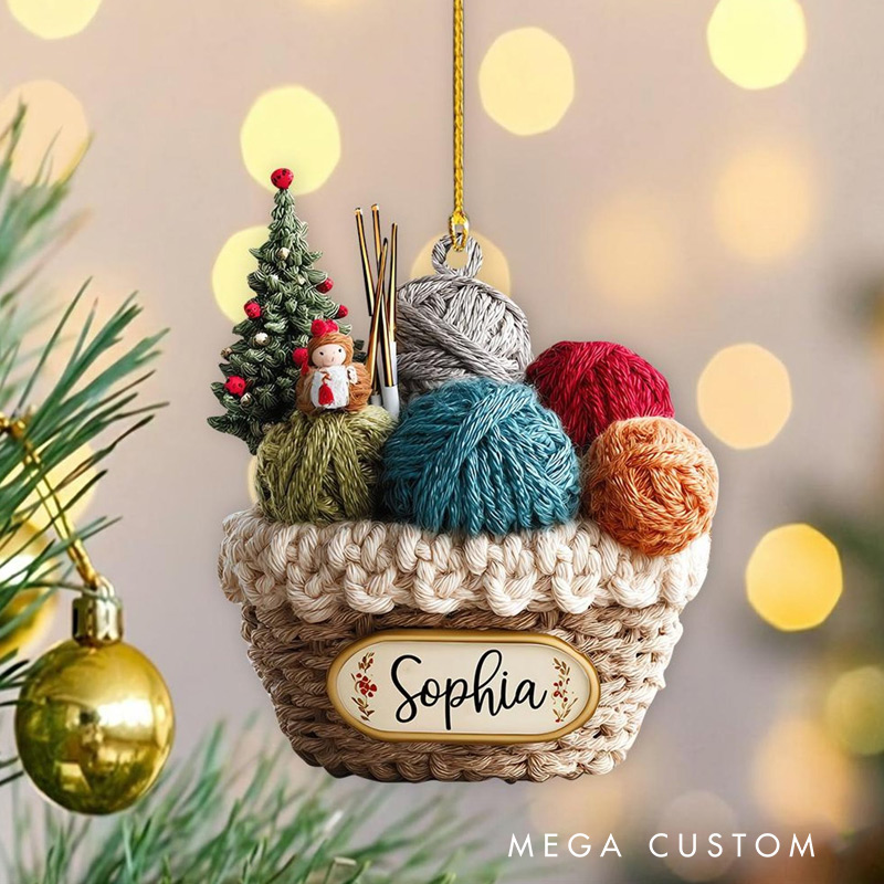 Personalized Knitting Basket Christmas Ornament 2D Flat Acrylic Yarn Decor for Knitters Crochet Lover Holiday Gift