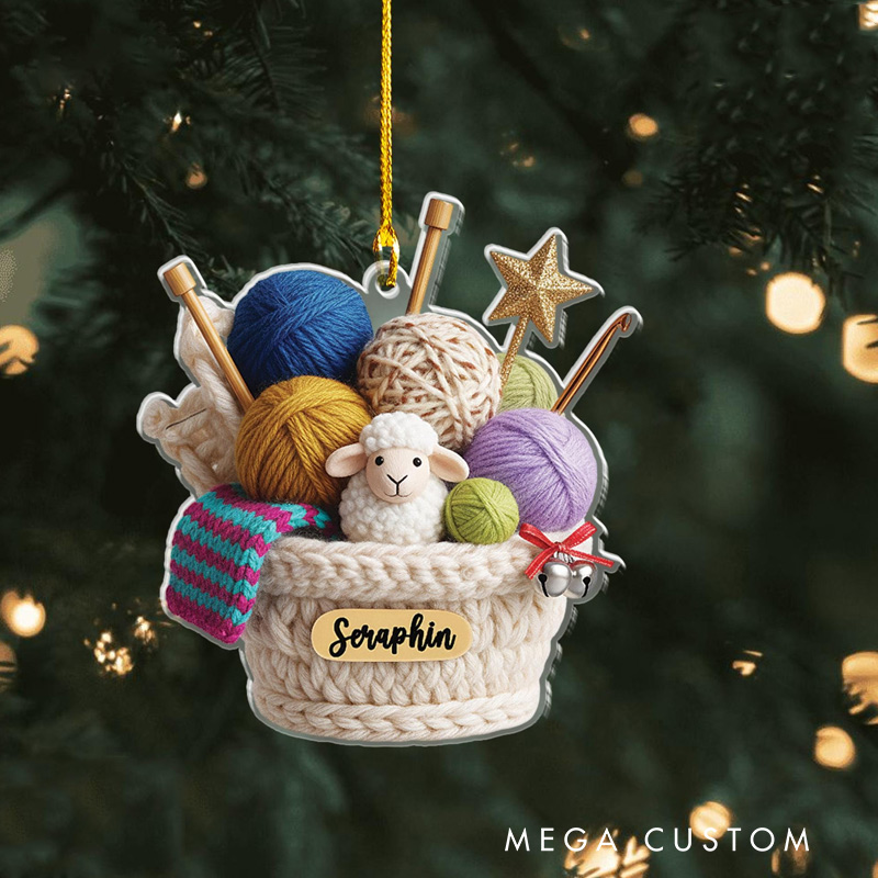 Personalized Knitting Basket Ornament Sheep and Yarn Ball Acrylic Yarn Christmas Decor for Knitters 