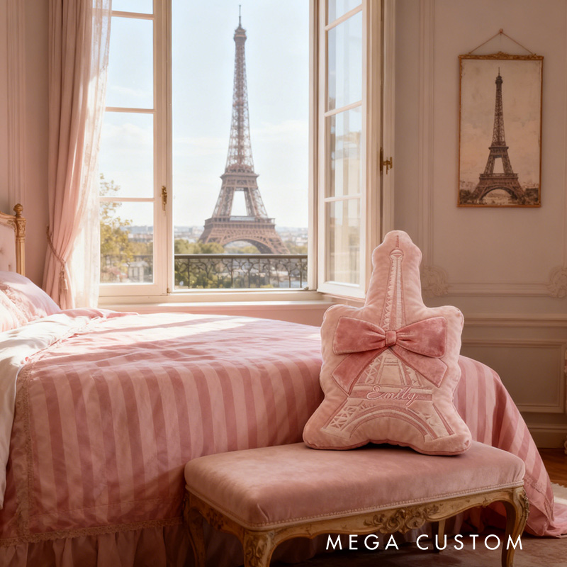 Personalized Paris Travel Pillow Graphic 3D Print Pink Eiffel Tower and Custom Name Pillow for Travel Lovers
