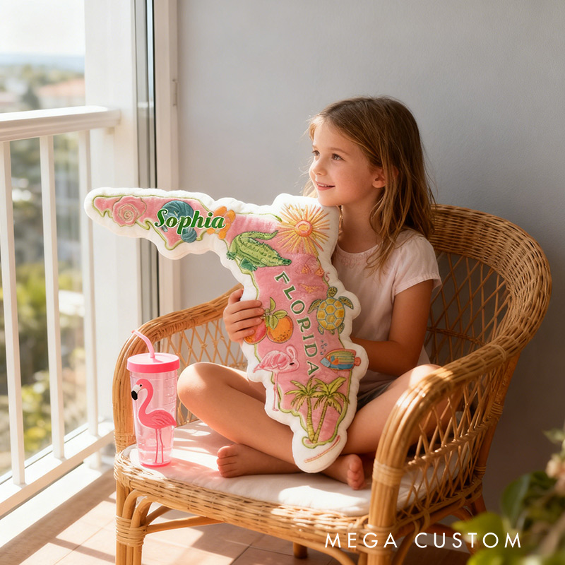 Personalized Florida Travel Pillow Graphic 3D Print Cute Preppy Pink Florida and Custom Name Pillow for Travel Lovers