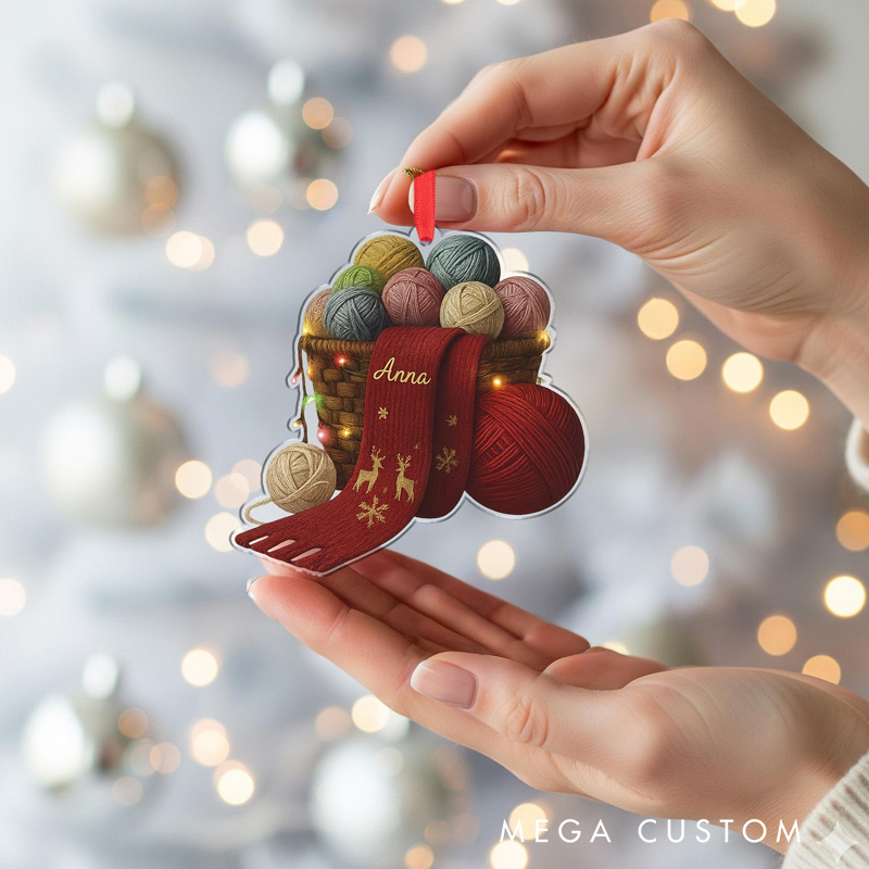 Personalized Knitting Ornament Yarn Basket Christmas Decor Custom Name Knitter Gift