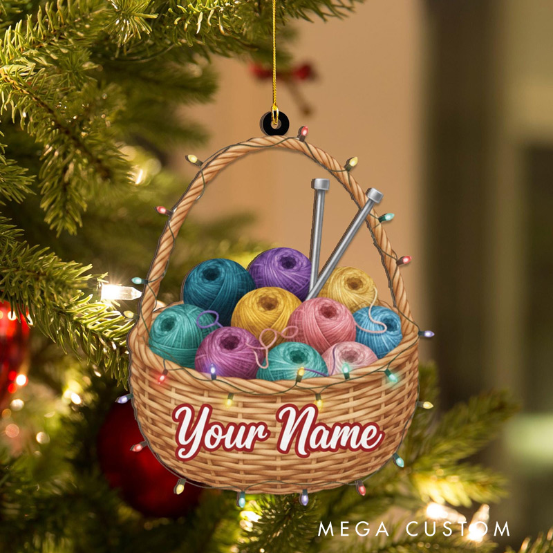 Personalized Yarn Basket Ornament Custom Name Knitting Crochet Christmas Gift Knitter Seamstress Crafter Keepsake