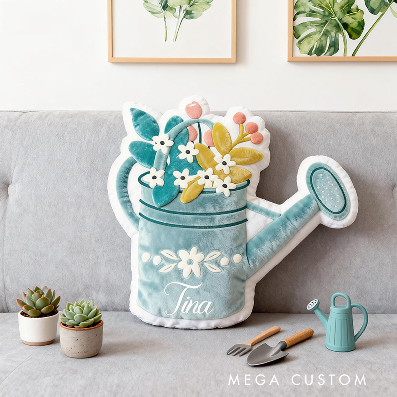 Personalized Watering Can Pillow Graphic 3D Print Blue Floral Watering Can and Custom Name Pillow for Gardening Lovers